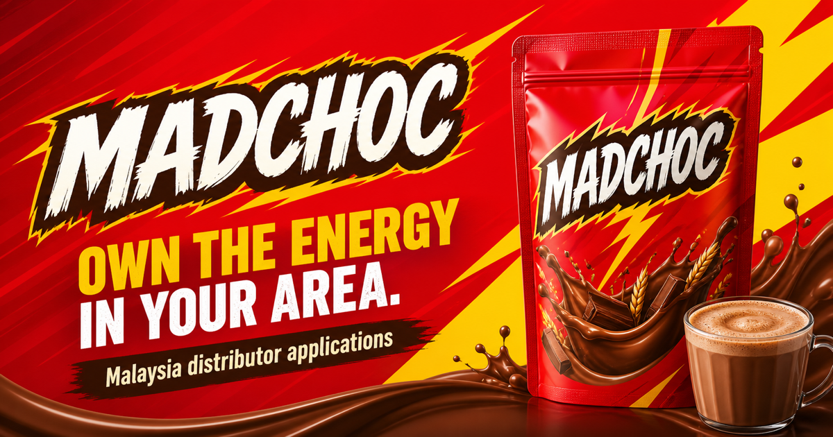MadChoc red product pack with the headline Own the energy in your area and Malaysia distributor applications
